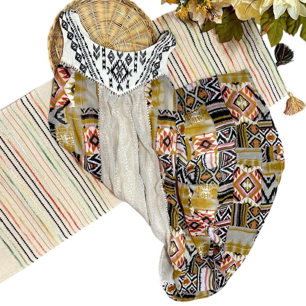 Rewind Dress Womens XS Cream Brown Embroidered Aztec Sleeveless Lined Boho Mini